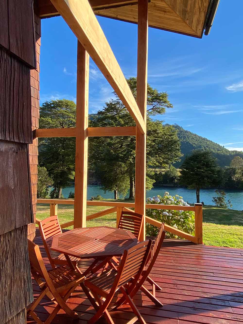 Patio at Martin Pescador Lodge to enjoy the Patagonia sunshine